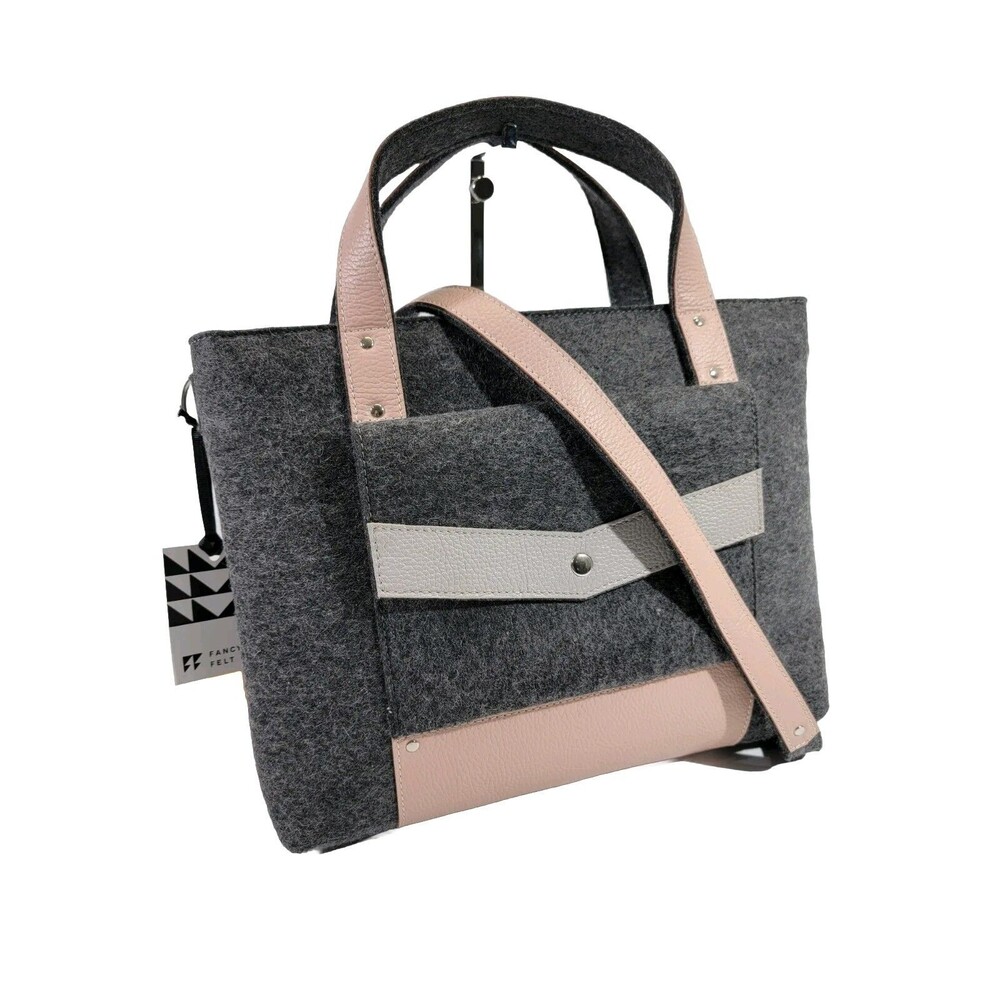 Fancy Felt Graphite Briefcase Gray Powder Leather Shoulder Bag Tote‎ NW NEW